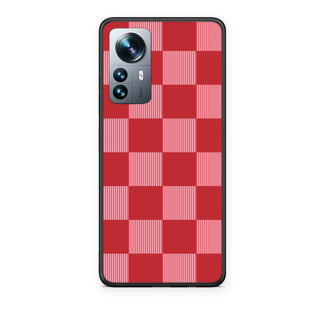 Θήκη Xiaomi 12 Pro Red and Pink Striped Checks από τη Smartfits με σχέδιο στο πίσω μέρος και μαύρο περίβλημα | Xiaomi 12 Pro Red and Pink Striped Checks case with colorful back and black bezels