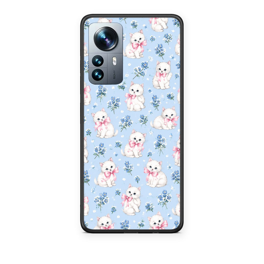 Θήκη Xiaomi 12 Pro White Kittens and Blue Flowers Small από τη Smartfits με σχέδιο στο πίσω μέρος και μαύρο περίβλημα | Xiaomi 12 Pro White Kittens and Blue Flowers Small case with colorful back and black bezels