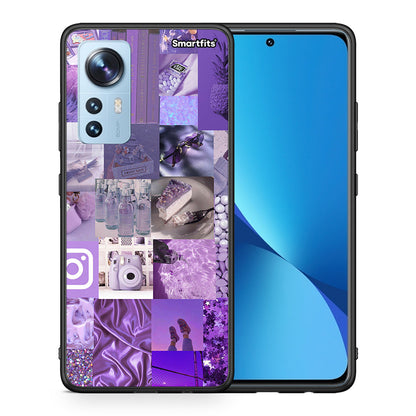 Θήκη Xiaomi 12/12X 5G Purple Aesthetic Collage από τη Smartfits με σχέδιο στο πίσω μέρος και μαύρο περίβλημα | Xiaomi 12/12X 5G Purple Aesthetic Collage case with colorful back and black bezels