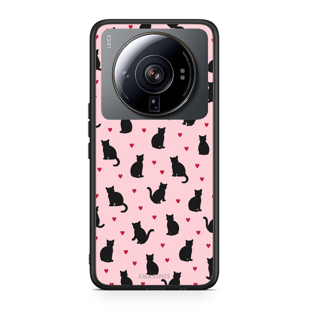 Θήκη Xiaomi 12S Ultra Black Cat Silhouettes and Hearts on Pink από τη Smartfits με σχέδιο στο πίσω μέρος και μαύρο περίβλημα | Xiaomi 12S Ultra Black Cat Silhouettes and Hearts on Pink case with colorful back and black bezels