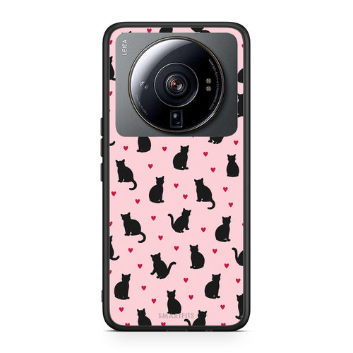 Θήκη Xiaomi 12S Ultra Black Cat Silhouettes and Hearts on Pink από τη Smartfits με σχέδιο στο πίσω μέρος και μαύρο περίβλημα | Xiaomi 12S Ultra Black Cat Silhouettes and Hearts on Pink case with colorful back and black bezels