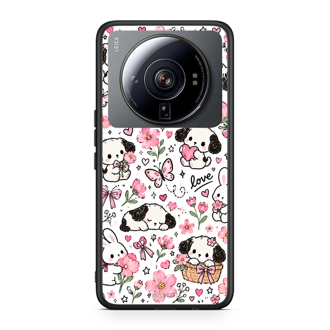 Θήκη Xiaomi 12S Ultra Pink Florals Puppies and Bunnies on White από τη Smartfits με σχέδιο στο πίσω μέρος και μαύρο περίβλημα | Xiaomi 12S Ultra Pink Florals Puppies and Bunnies on White case with colorful back and black bezels