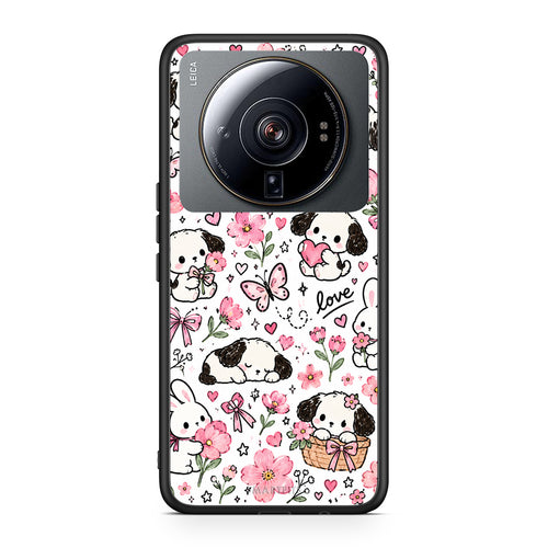 Θήκη Xiaomi 12S Ultra Pink Florals Puppies and Bunnies on White από τη Smartfits με σχέδιο στο πίσω μέρος και μαύρο περίβλημα | Xiaomi 12S Ultra Pink Florals Puppies and Bunnies on White case with colorful back and black bezels