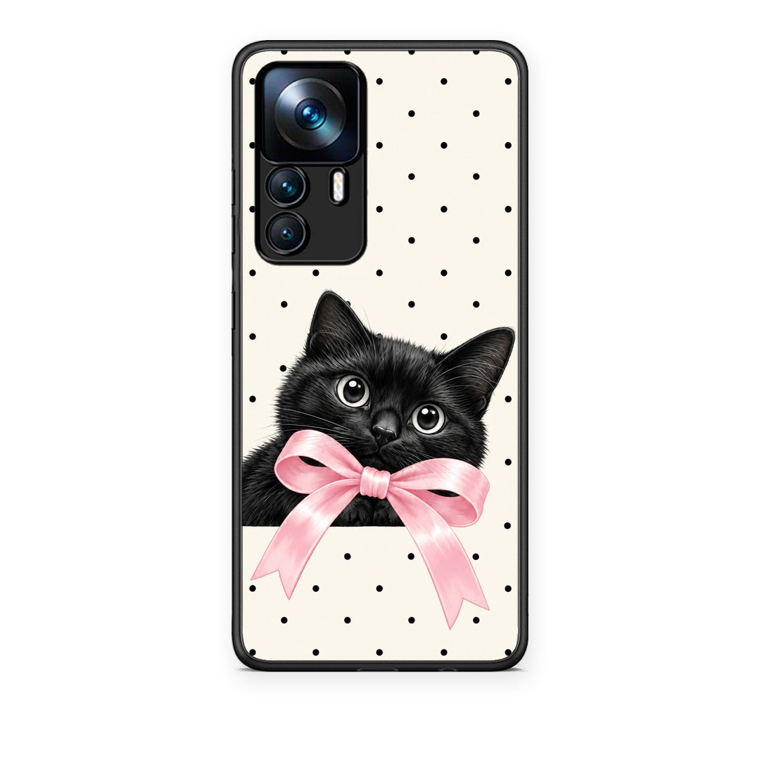 Θήκη Xiaomi 12T / K50 Ultra Black Kitten Pink Bow and Polka Dots από τη Smartfits με σχέδιο στο πίσω μέρος και μαύρο περίβλημα | Xiaomi 12T / K50 Ultra Black Kitten Pink Bow and Polka Dots case with colorful back and black bezels