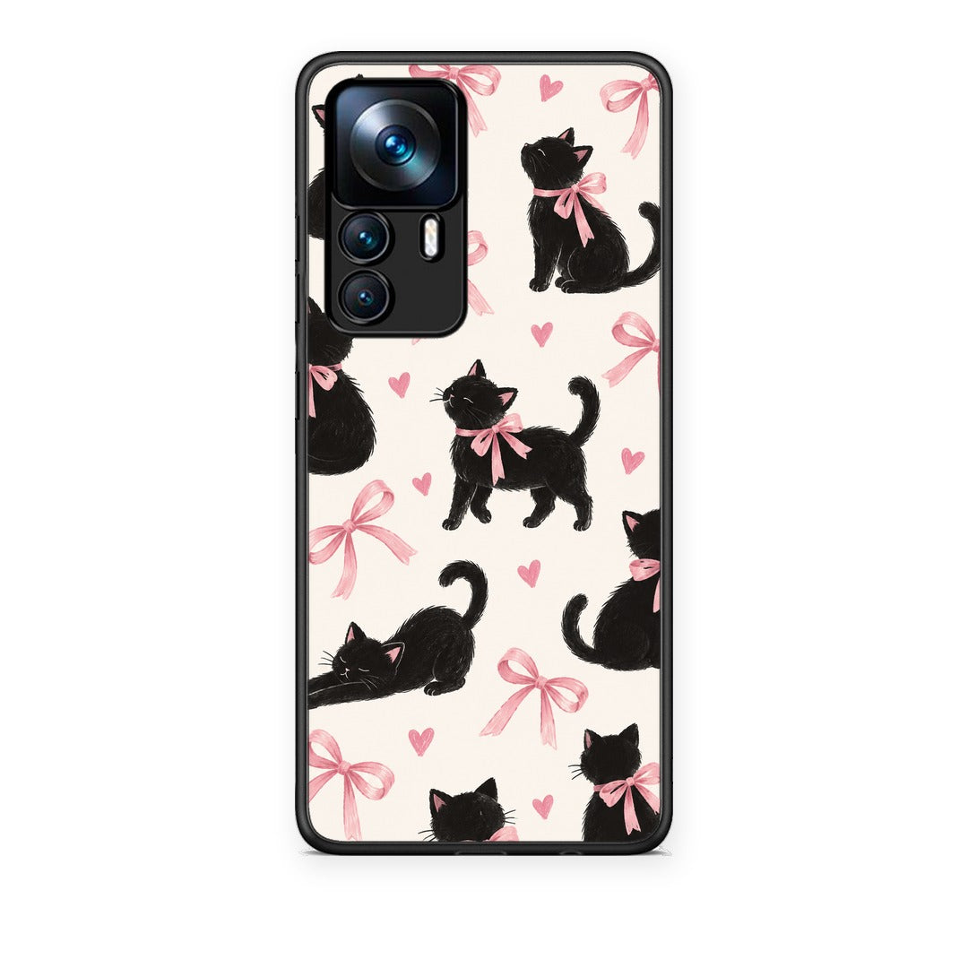 Θήκη Xiaomi 12T / K50 Ultra Black Kittens and Pink Bows on Cream Large από τη Smartfits με σχέδιο στο πίσω μέρος και μαύρο περίβλημα | Xiaomi 12T / K50 Ultra Black Kittens and Pink Bows on Cream Large case with colorful back and black bezels
