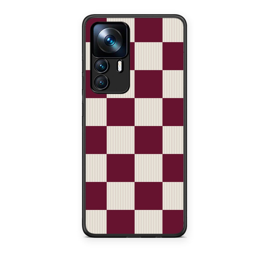 Θήκη Xiaomi 12T / K50 Ultra Burgundy and Cream Striped Checks από τη Smartfits με σχέδιο στο πίσω μέρος και μαύρο περίβλημα | Xiaomi 12T / K50 Ultra Burgundy and Cream Striped Checks case with colorful back and black bezels