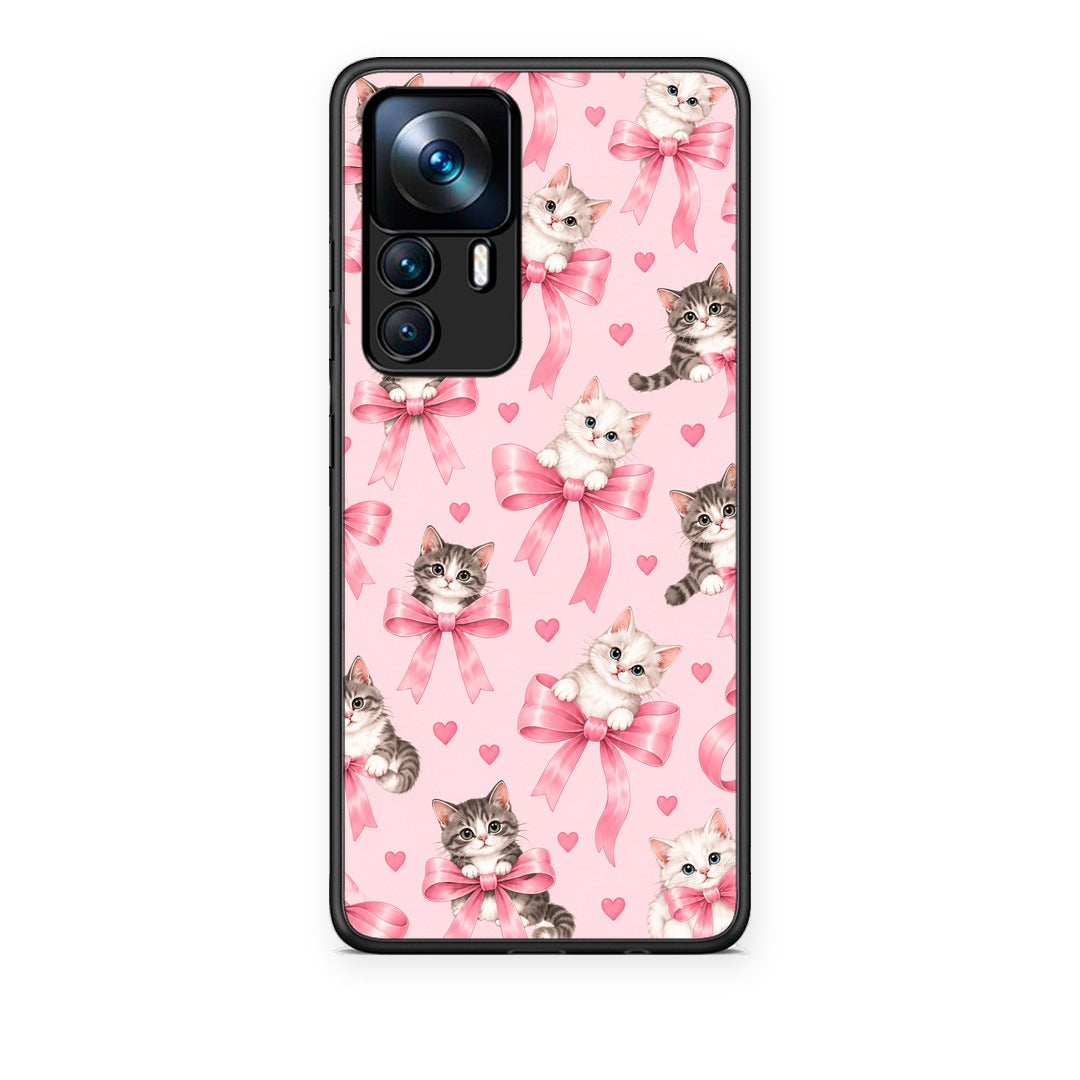 Θήκη Xiaomi 12T / K50 Ultra Kittens and Pink Bows on Pink από τη Smartfits με σχέδιο στο πίσω μέρος και μαύρο περίβλημα | Xiaomi 12T / K50 Ultra Kittens and Pink Bows on Pink case with colorful back and black bezels