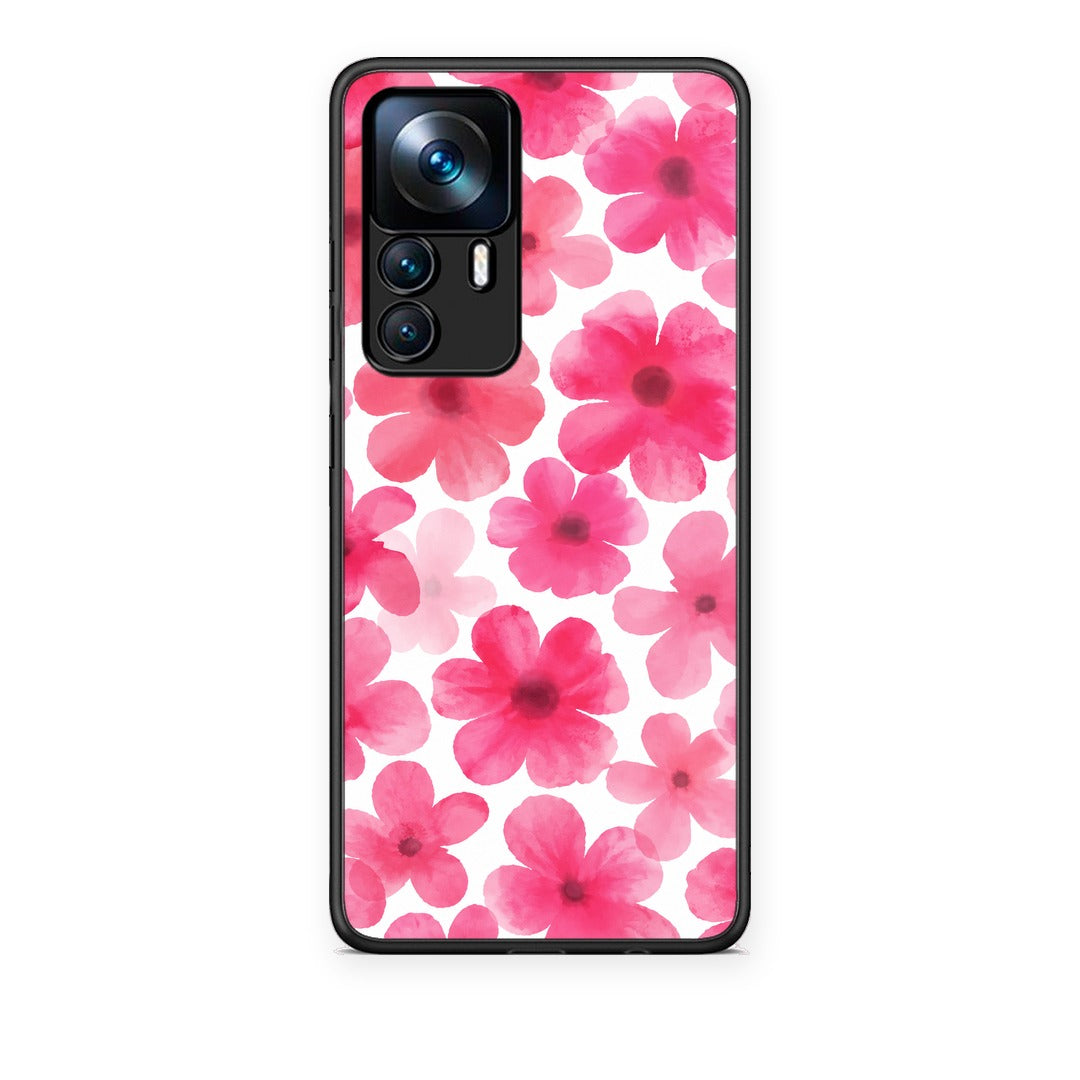 Θήκη Xiaomi 12T / K50 Ultra Pink Watercolour Flowers on White από τη Smartfits με σχέδιο στο πίσω μέρος και μαύρο περίβλημα | Xiaomi 12T / K50 Ultra Pink Watercolour Flowers on White case with colorful back and black bezels