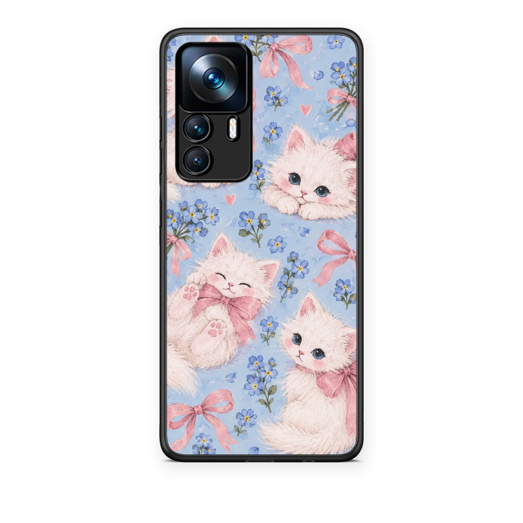 Θήκη Xiaomi 12T / K50 Ultra White Kittens and Blue Flowers Large από τη Smartfits με σχέδιο στο πίσω μέρος και μαύρο περίβλημα | Xiaomi 12T / K50 Ultra White Kittens and Blue Flowers Large case with colorful back and black bezels