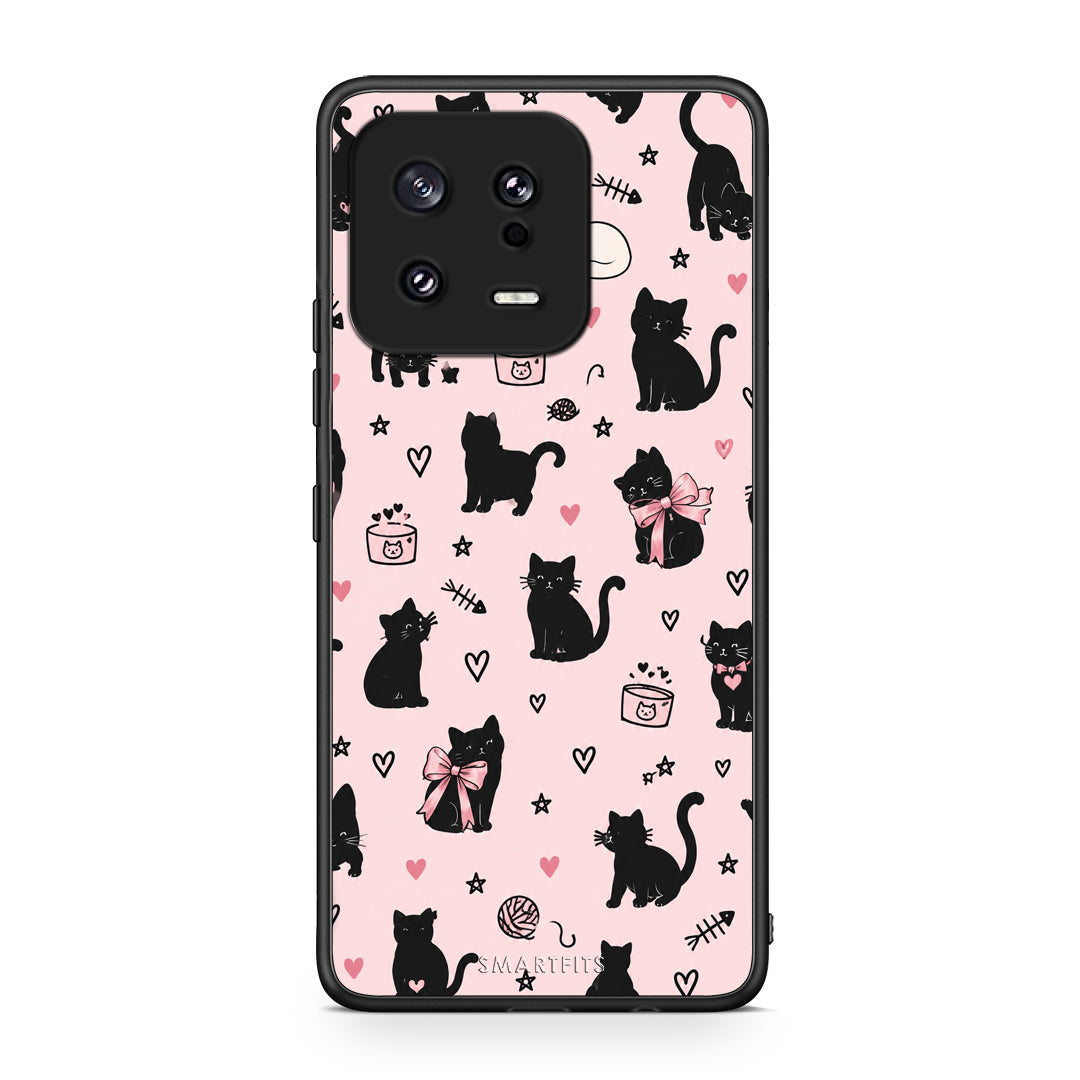 Θήκη Xiaomi 13 Black Cat Doodles on Pink από τη Smartfits με σχέδιο στο πίσω μέρος και μαύρο περίβλημα | Xiaomi 13 Black Cat Doodles on Pink case with colorful back and black bezels
