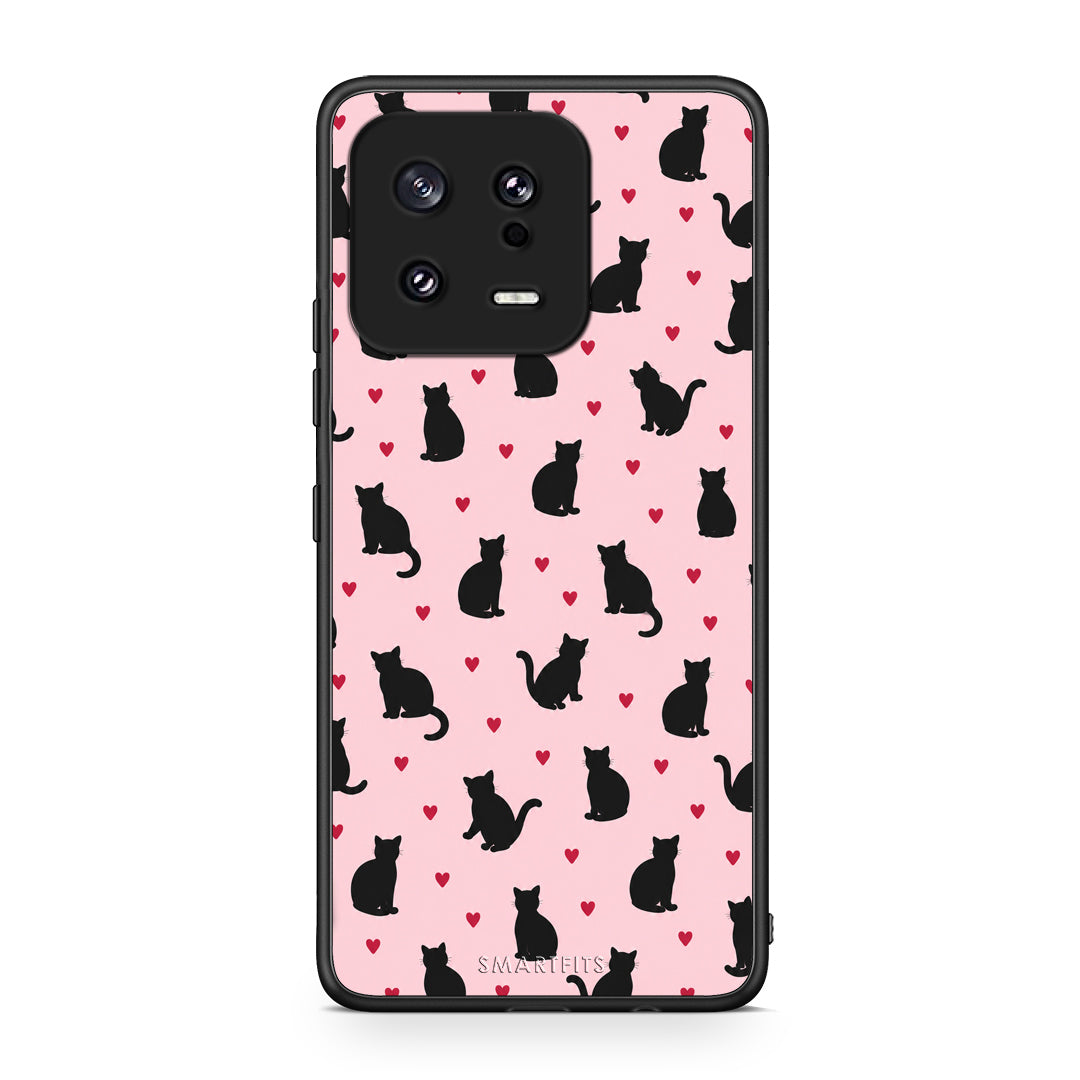 Θήκη Xiaomi 13 Black Cat Silhouettes and Hearts on Pink από τη Smartfits με σχέδιο στο πίσω μέρος και μαύρο περίβλημα | Xiaomi 13 Black Cat Silhouettes and Hearts on Pink case with colorful back and black bezels