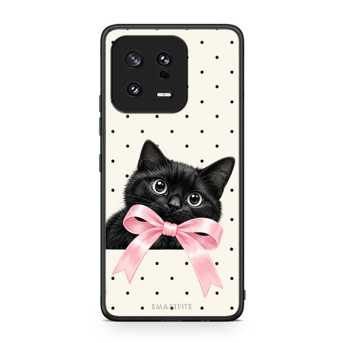 Θήκη Xiaomi 13 Black Kitten Pink Bow and Polka Dots από τη Smartfits με σχέδιο στο πίσω μέρος και μαύρο περίβλημα | Xiaomi 13 Black Kitten Pink Bow and Polka Dots case with colorful back and black bezels