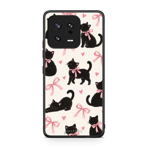 Θήκη Xiaomi 13 Black Kittens and Pink Bows on Cream Large από τη Smartfits με σχέδιο στο πίσω μέρος και μαύρο περίβλημα | Xiaomi 13 Black Kittens and Pink Bows on Cream Large case with colorful back and black bezels