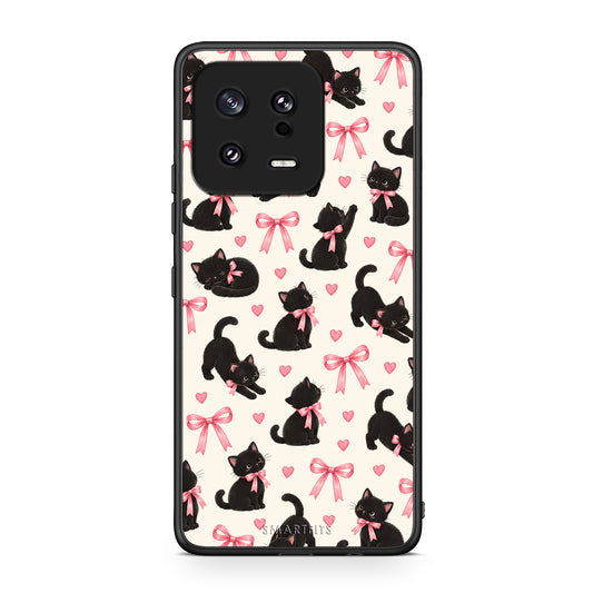 Θήκη Xiaomi 13 Black Kittens and Pink Bows on Cream Small από τη Smartfits με σχέδιο στο πίσω μέρος και μαύρο περίβλημα | Xiaomi 13 Black Kittens and Pink Bows on Cream Small case with colorful back and black bezels