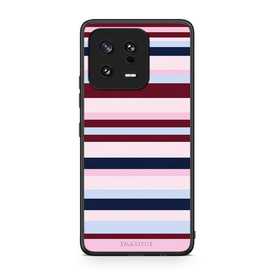 Θήκη Xiaomi 13 Burgundy Pink and Blue Horizontal Stripes από τη Smartfits με σχέδιο στο πίσω μέρος και μαύρο περίβλημα | Xiaomi 13 Burgundy Pink and Blue Horizontal Stripes case with colorful back and black bezels