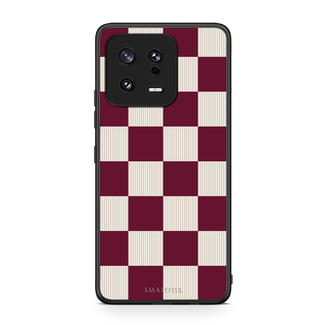 Θήκη Xiaomi 13 Burgundy and Cream Striped Checks από τη Smartfits με σχέδιο στο πίσω μέρος και μαύρο περίβλημα | Xiaomi 13 Burgundy and Cream Striped Checks case with colorful back and black bezels