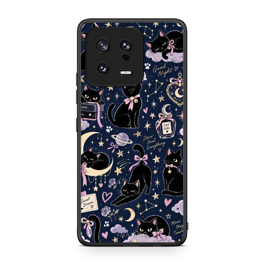 Θήκη Xiaomi 13 Celestial Black Cats on Navy από τη Smartfits με σχέδιο στο πίσω μέρος και μαύρο περίβλημα | Xiaomi 13 Celestial Black Cats on Navy case with colorful back and black bezels