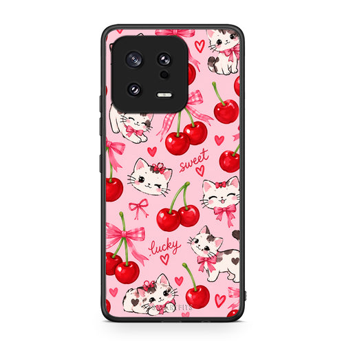 Θήκη Xiaomi 13 Cherries Bows and Kittens on Pink από τη Smartfits με σχέδιο στο πίσω μέρος και μαύρο περίβλημα | Xiaomi 13 Cherries Bows and Kittens on Pink case with colorful back and black bezels