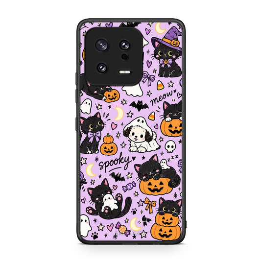 Θήκη Xiaomi 13 Halloween Black Cats on Lilac από τη Smartfits με σχέδιο στο πίσω μέρος και μαύρο περίβλημα | Xiaomi 13 Halloween Black Cats on Lilac case with colorful back and black bezels