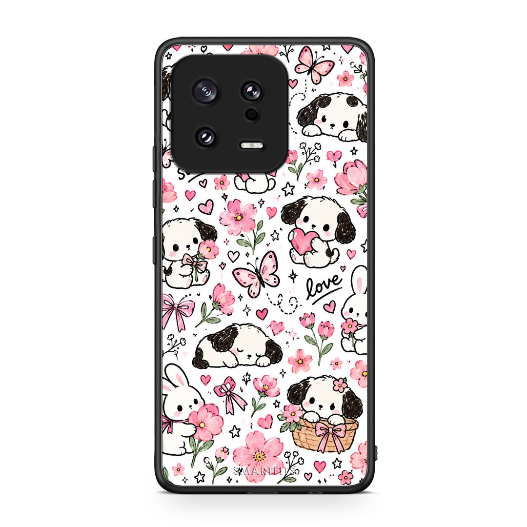Θήκη Xiaomi 13 Pink Florals Puppies and Bunnies on White από τη Smartfits με σχέδιο στο πίσω μέρος και μαύρο περίβλημα | Xiaomi 13 Pink Florals Puppies and Bunnies on White case with colorful back and black bezels