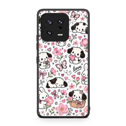 Θήκη Xiaomi 13 Pink Florals Puppies and Bunnies on White από τη Smartfits με σχέδιο στο πίσω μέρος και μαύρο περίβλημα | Xiaomi 13 Pink Florals Puppies and Bunnies on White case with colorful back and black bezels