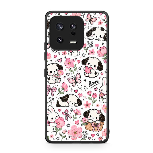 Θήκη Xiaomi 13 Pink Florals Puppies and Bunnies on White από τη Smartfits με σχέδιο στο πίσω μέρος και μαύρο περίβλημα | Xiaomi 13 Pink Florals Puppies and Bunnies on White case with colorful back and black bezels