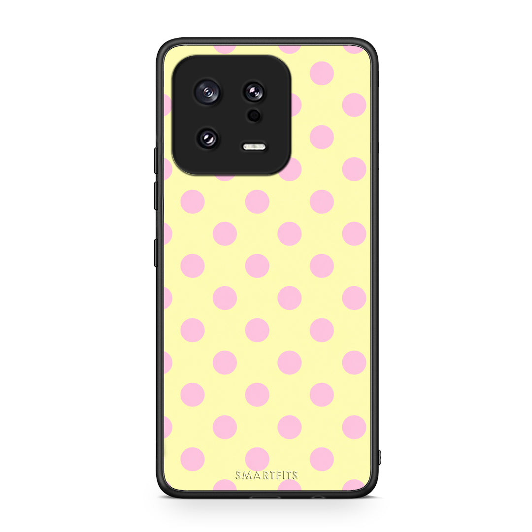 Θήκη Xiaomi 13 Pink Polka Dots on Yellow από τη Smartfits με σχέδιο στο πίσω μέρος και μαύρο περίβλημα | Xiaomi 13 Pink Polka Dots on Yellow case with colorful back and black bezels