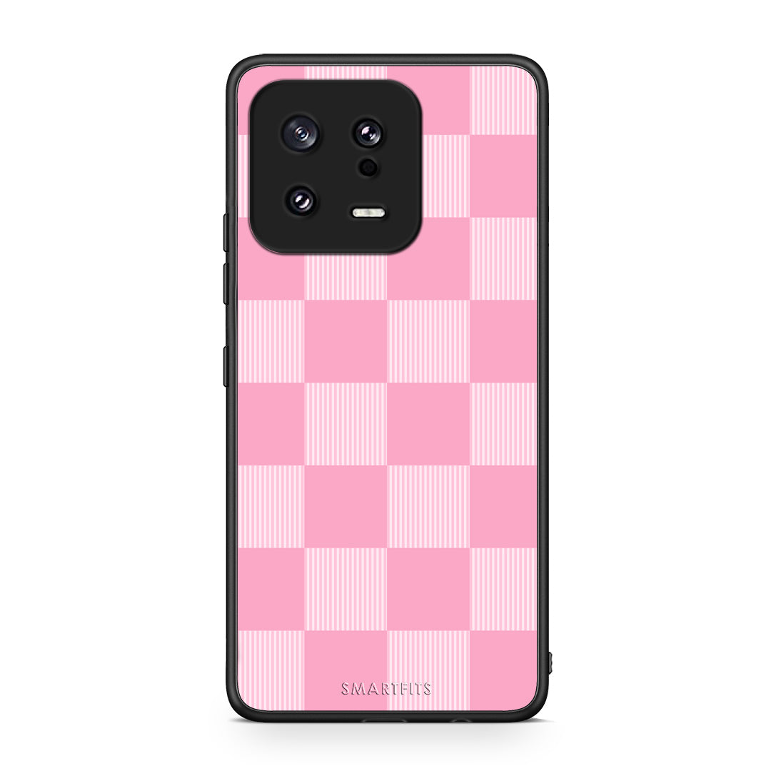 Θήκη Xiaomi 13 Pink and White Striped Checks από τη Smartfits με σχέδιο στο πίσω μέρος και μαύρο περίβλημα | Xiaomi 13 Pink and White Striped Checks case with colorful back and black bezels