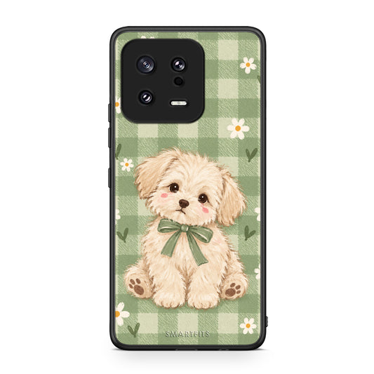 Θήκη Xiaomi 13 Puppy and Daisies on Sage Gingham από τη Smartfits με σχέδιο στο πίσω μέρος και μαύρο περίβλημα | Xiaomi 13 Puppy and Daisies on Sage Gingham case with colorful back and black bezels