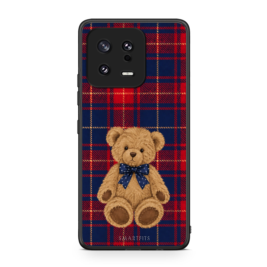 Θήκη Xiaomi 13 Teddy Bear on Red and Navy Tartan από τη Smartfits με σχέδιο στο πίσω μέρος και μαύρο περίβλημα | Xiaomi 13 Teddy Bear on Red and Navy Tartan case with colorful back and black bezels