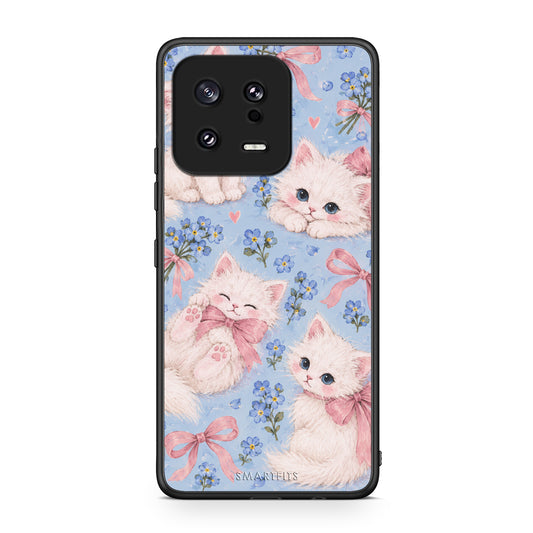 Θήκη Xiaomi 13 White Kittens and Blue Flowers Large από τη Smartfits με σχέδιο στο πίσω μέρος και μαύρο περίβλημα | Xiaomi 13 White Kittens and Blue Flowers Large case with colorful back and black bezels