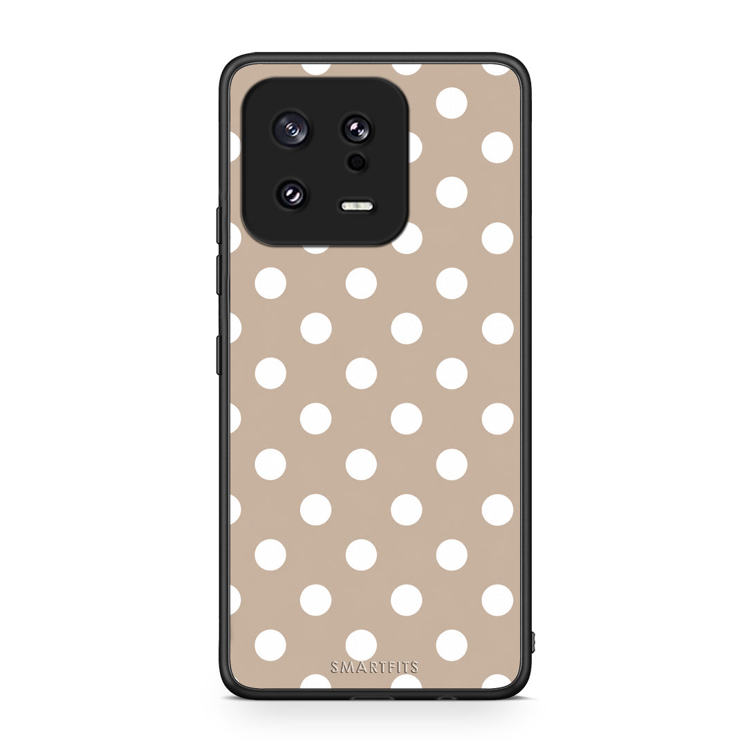 Θήκη Xiaomi 13 White Polka Dots on Taupe από τη Smartfits με σχέδιο στο πίσω μέρος και μαύρο περίβλημα | Xiaomi 13 White Polka Dots on Taupe case with colorful back and black bezels