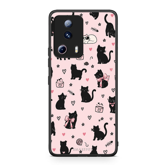 Θήκη Xiaomi 13 Lite 5G Black Cat Doodles on Pink από τη Smartfits με σχέδιο στο πίσω μέρος και μαύρο περίβλημα | Xiaomi 13 Lite 5G Black Cat Doodles on Pink case with colorful back and black bezels