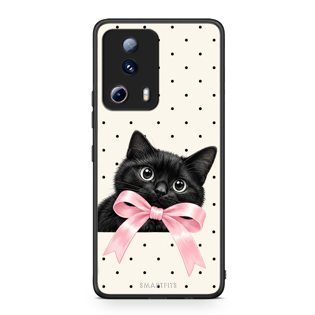 Θήκη Xiaomi 13 Lite 5G Black Kitten Pink Bow and Polka Dots από τη Smartfits με σχέδιο στο πίσω μέρος και μαύρο περίβλημα | Xiaomi 13 Lite 5G Black Kitten Pink Bow and Polka Dots case with colorful back and black bezels