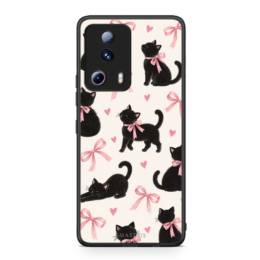 Θήκη Xiaomi 13 Lite 5G Black Kittens and Pink Bows on Cream Large από τη Smartfits με σχέδιο στο πίσω μέρος και μαύρο περίβλημα | Xiaomi 13 Lite 5G Black Kittens and Pink Bows on Cream Large case with colorful back and black bezels