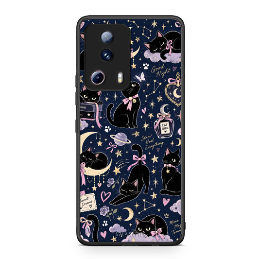 Θήκη Xiaomi 13 Lite 5G Celestial Black Cats on Navy από τη Smartfits με σχέδιο στο πίσω μέρος και μαύρο περίβλημα | Xiaomi 13 Lite 5G Celestial Black Cats on Navy case with colorful back and black bezels