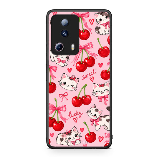 Θήκη Xiaomi 13 Lite 5G Cherries Bows and Kittens on Pink από τη Smartfits με σχέδιο στο πίσω μέρος και μαύρο περίβλημα | Xiaomi 13 Lite 5G Cherries Bows and Kittens on Pink case with colorful back and black bezels