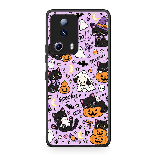 Θήκη Xiaomi 13 Lite 5G Halloween Black Cats on Lilac από τη Smartfits με σχέδιο στο πίσω μέρος και μαύρο περίβλημα | Xiaomi 13 Lite 5G Halloween Black Cats on Lilac case with colorful back and black bezels