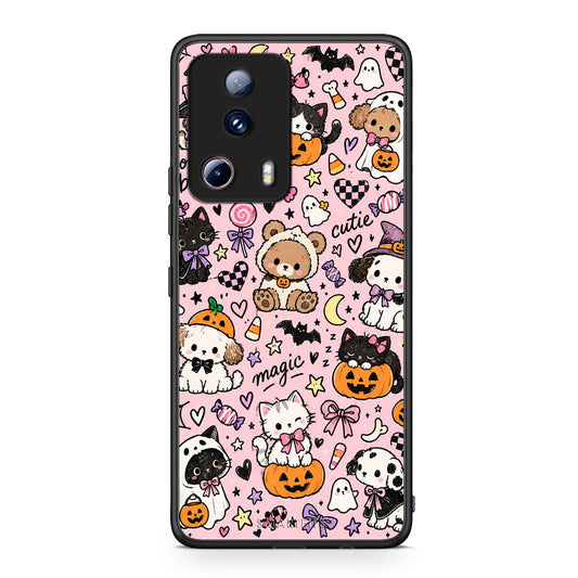 Θήκη Xiaomi 13 Lite 5G Halloween Cute Animals on Pink από τη Smartfits με σχέδιο στο πίσω μέρος και μαύρο περίβλημα | Xiaomi 13 Lite 5G Halloween Cute Animals on Pink case with colorful back and black bezels