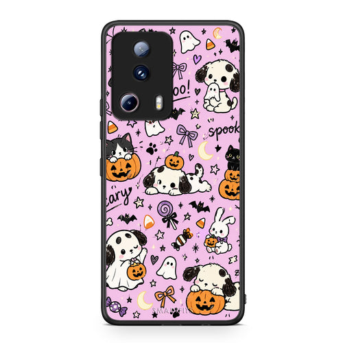 Θήκη Xiaomi 13 Lite 5G Halloween Puppies and Friends on Lilac από τη Smartfits με σχέδιο στο πίσω μέρος και μαύρο περίβλημα | Xiaomi 13 Lite 5G Halloween Puppies and Friends on Lilac case with colorful back and black bezels