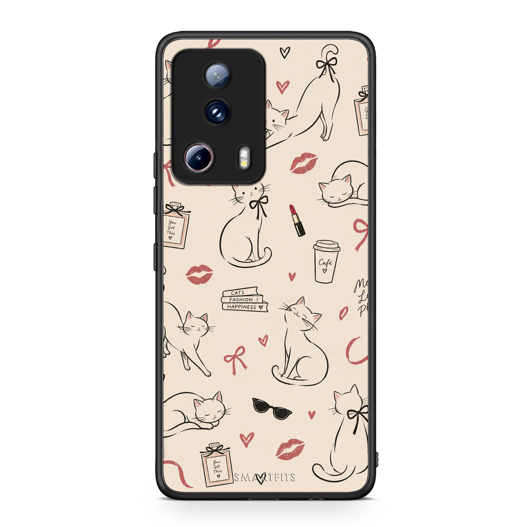 Θήκη Xiaomi 13 Lite 5G Minimal Cat and Fashion Doodles on Cream από τη Smartfits με σχέδιο στο πίσω μέρος και μαύρο περίβλημα | Xiaomi 13 Lite 5G Minimal Cat and Fashion Doodles on Cream case with colorful back and black bezels
