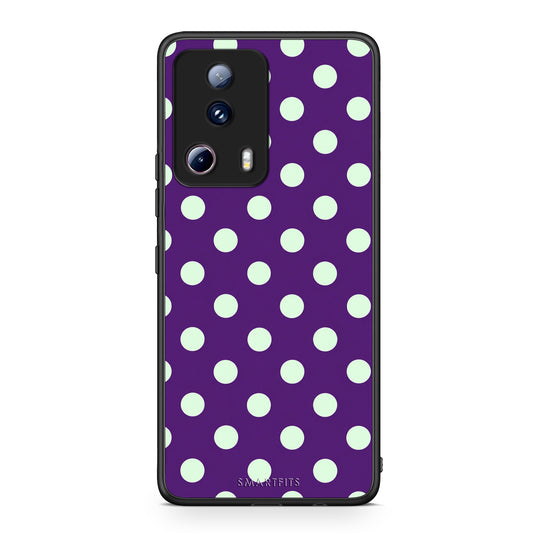 Θήκη Xiaomi 13 Lite 5G Mint Polka Dots on Purple από τη Smartfits με σχέδιο στο πίσω μέρος και μαύρο περίβλημα | Xiaomi 13 Lite 5G Mint Polka Dots on Purple case with colorful back and black bezels