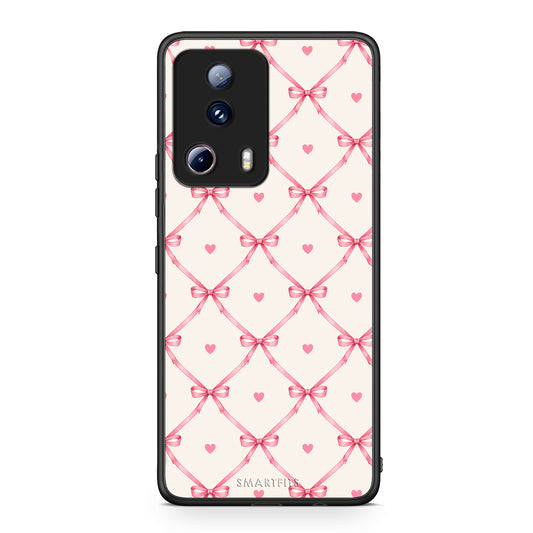 Θήκη Xiaomi 13 Lite 5G Pink Bow Lattice and Hearts on Cream από τη Smartfits με σχέδιο στο πίσω μέρος και μαύρο περίβλημα | Xiaomi 13 Lite 5G Pink Bow Lattice and Hearts on Cream case with colorful back and black bezels