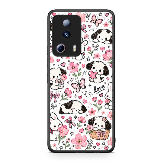 Θήκη Xiaomi 13 Lite 5G Pink Florals Puppies and Bunnies on White από τη Smartfits με σχέδιο στο πίσω μέρος και μαύρο περίβλημα | Xiaomi 13 Lite 5G Pink Florals Puppies and Bunnies on White case with colorful back and black bezels