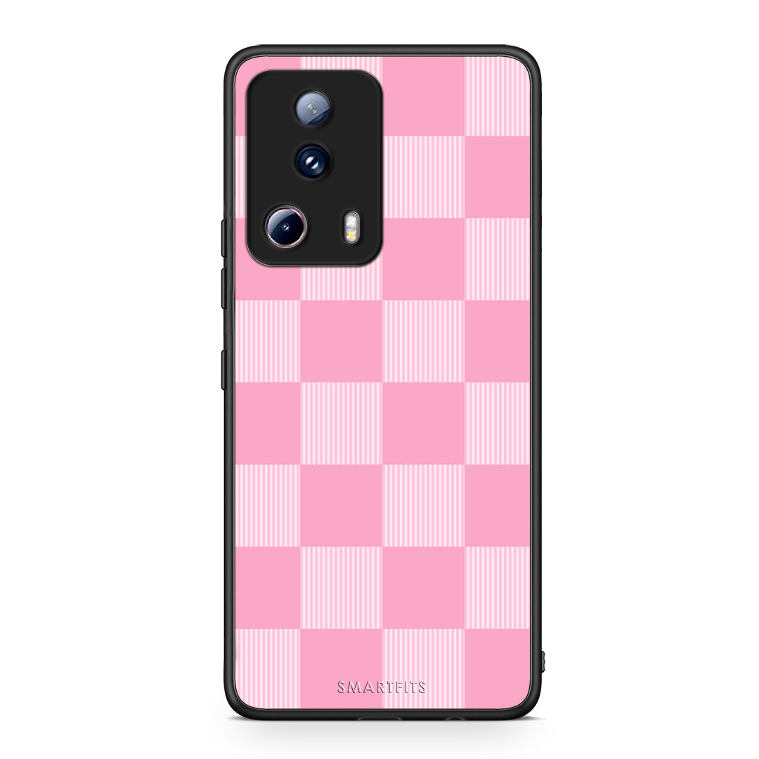 Θήκη Xiaomi 13 Lite 5G Pink and White Striped Checks από τη Smartfits με σχέδιο στο πίσω μέρος και μαύρο περίβλημα | Xiaomi 13 Lite 5G Pink and White Striped Checks case with colorful back and black bezels