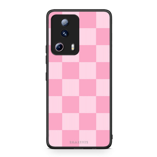 Θήκη Xiaomi 13 Lite 5G Pink and White Striped Checks από τη Smartfits με σχέδιο στο πίσω μέρος και μαύρο περίβλημα | Xiaomi 13 Lite 5G Pink and White Striped Checks case with colorful back and black bezels