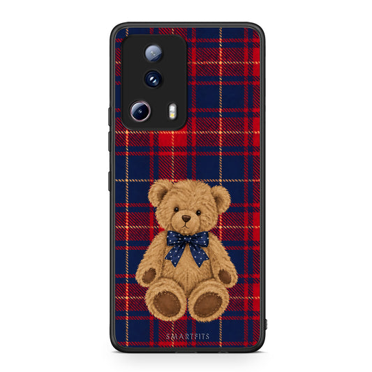 Θήκη Xiaomi 13 Lite 5G Teddy Bear on Red and Navy Tartan από τη Smartfits με σχέδιο στο πίσω μέρος και μαύρο περίβλημα | Xiaomi 13 Lite 5G Teddy Bear on Red and Navy Tartan case with colorful back and black bezels