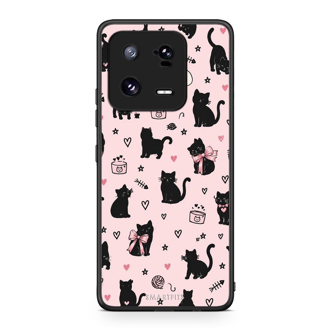 Θήκη Xiaomi 13 Pro Black Cat Doodles on Pink από τη Smartfits με σχέδιο στο πίσω μέρος και μαύρο περίβλημα | Xiaomi 13 Pro Black Cat Doodles on Pink case with colorful back and black bezels