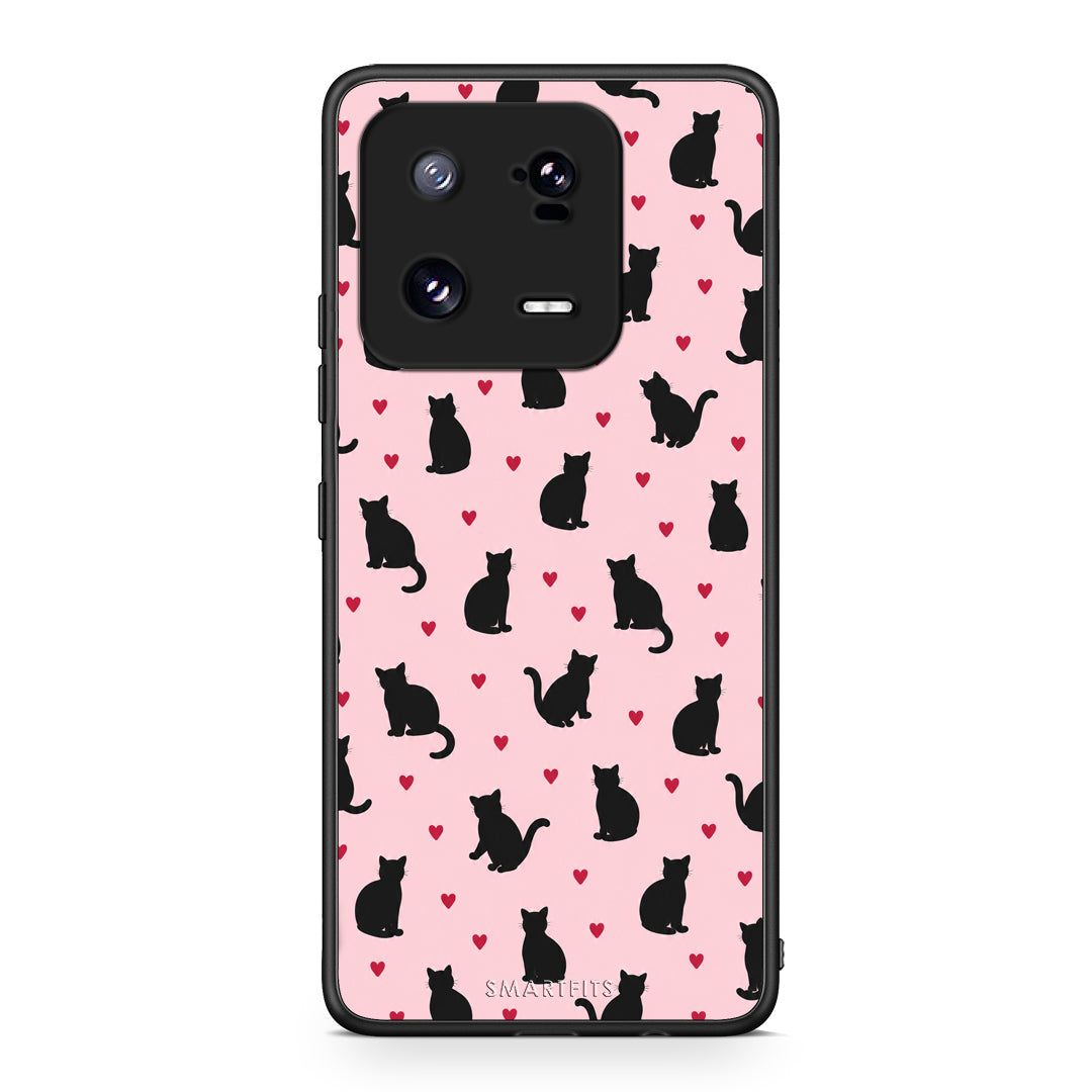 Θήκη Xiaomi 13 Pro Black Cat Silhouettes and Hearts on Pink από τη Smartfits με σχέδιο στο πίσω μέρος και μαύρο περίβλημα | Xiaomi 13 Pro Black Cat Silhouettes and Hearts on Pink case with colorful back and black bezels