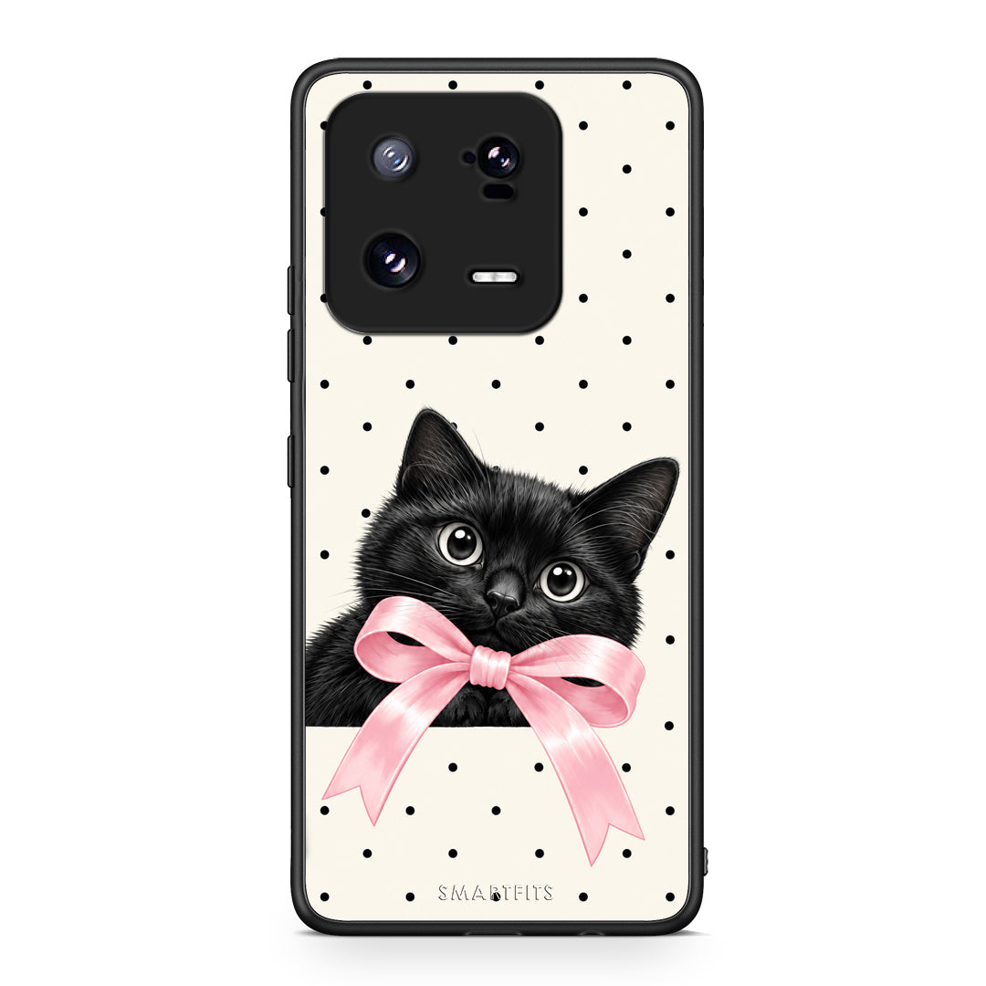 Θήκη Xiaomi 13 Pro Black Kitten Pink Bow and Polka Dots από τη Smartfits με σχέδιο στο πίσω μέρος και μαύρο περίβλημα | Xiaomi 13 Pro Black Kitten Pink Bow and Polka Dots case with colorful back and black bezels